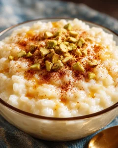 Creamy rice pudding topped with chopped pistachios and cinnamon, served in a glass bowl.
