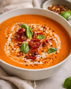 A bowl of creamy roasted tomato carrot soup topped with cherry tomatoes and basil leaves.