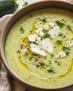A bowl of creamy roasted zucchini soup topped with feta cheese and herbs