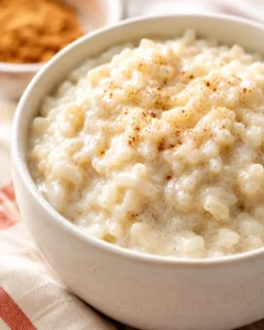 Close-up of creamy rice pudding topped with cinnamon in a white bowl.