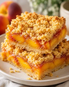 Close-up of juicy nectarine bars with crumb topping on a white plate.