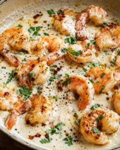 Juicy shrimp cooked in a creamy garlic coconut sauce with herbs and spices.