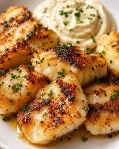 Crispy lemon butter fish bites served with creamy garlic aioli and fresh herbs