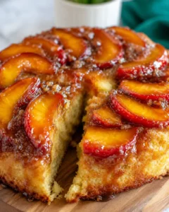 Golden nectarines caramelized on top of a moist upside-down cake with honey glaze.