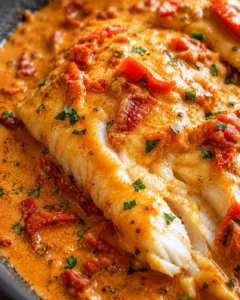 Delicious tilapia fillet topped with smoky roasted pepper sauce and garnished with herbs