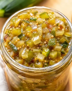 Close-up of sweet and tangy zucchini relish in a glass jar.