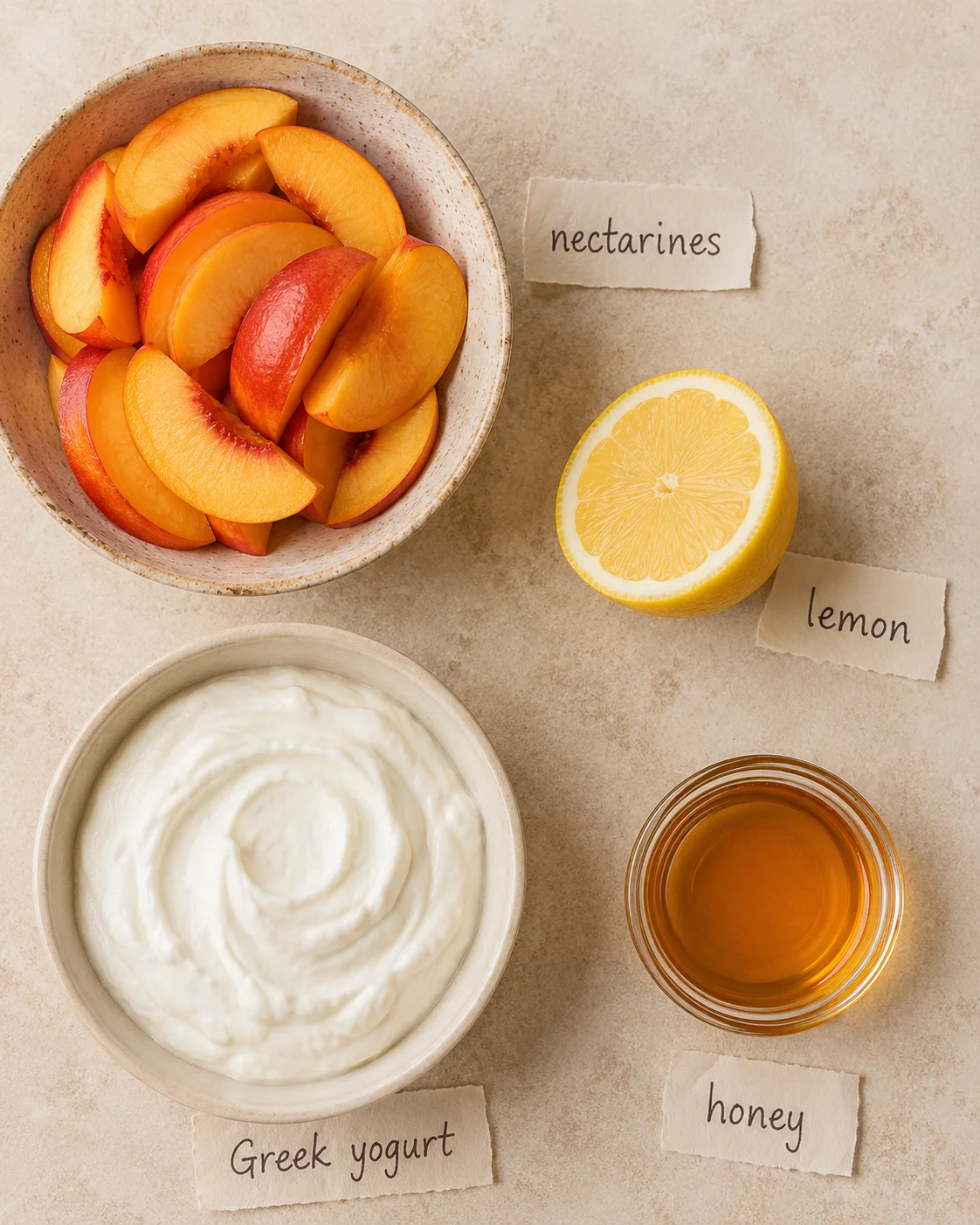 Fresh nectarines, Greek yogurt, lemon, and honey for homemade frozen yogurt.