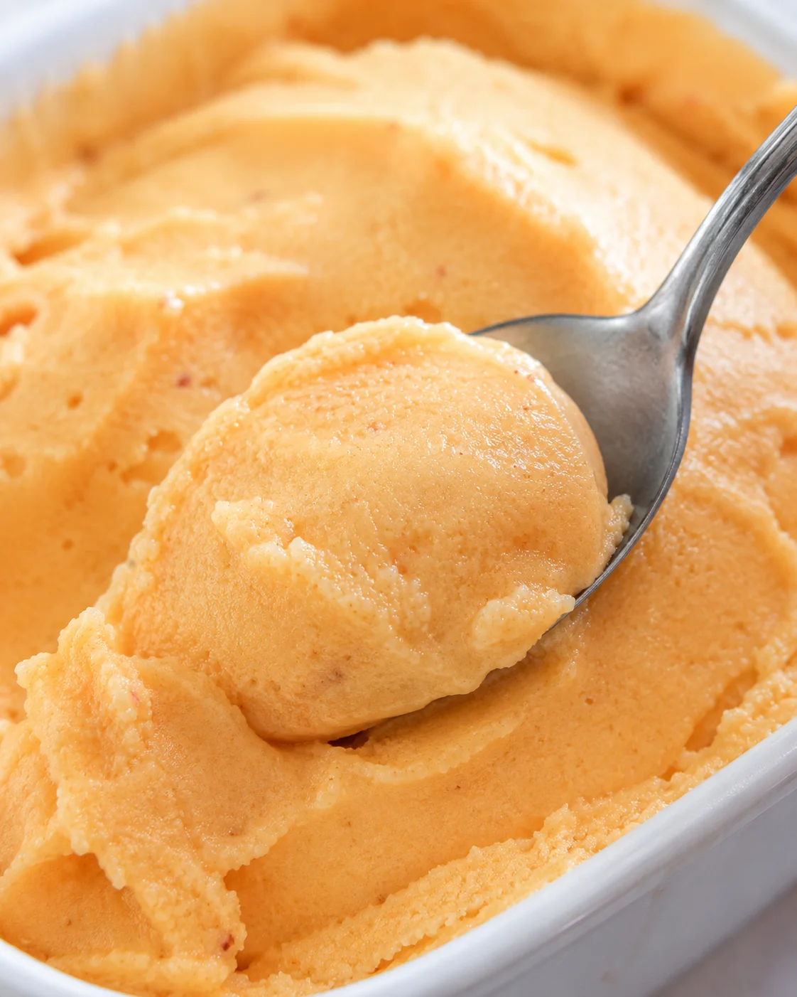 Creamy nectarine frozen yogurt garnished with fresh slices in a white dish.
