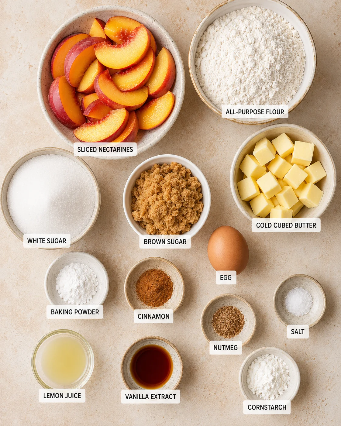 Classic Nectarine Bars Ingredients for nectarine bars including sliced nectarines, flour, sugars, and butter.