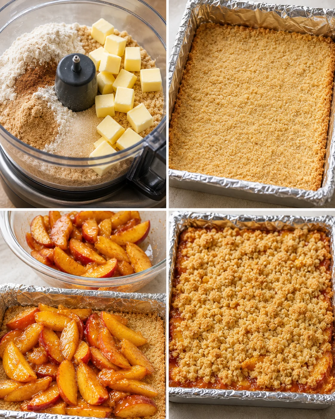 Classic Nectarine Bars Recipe Steps for making nectarine bars with crust, fruit filling, and crumble topping