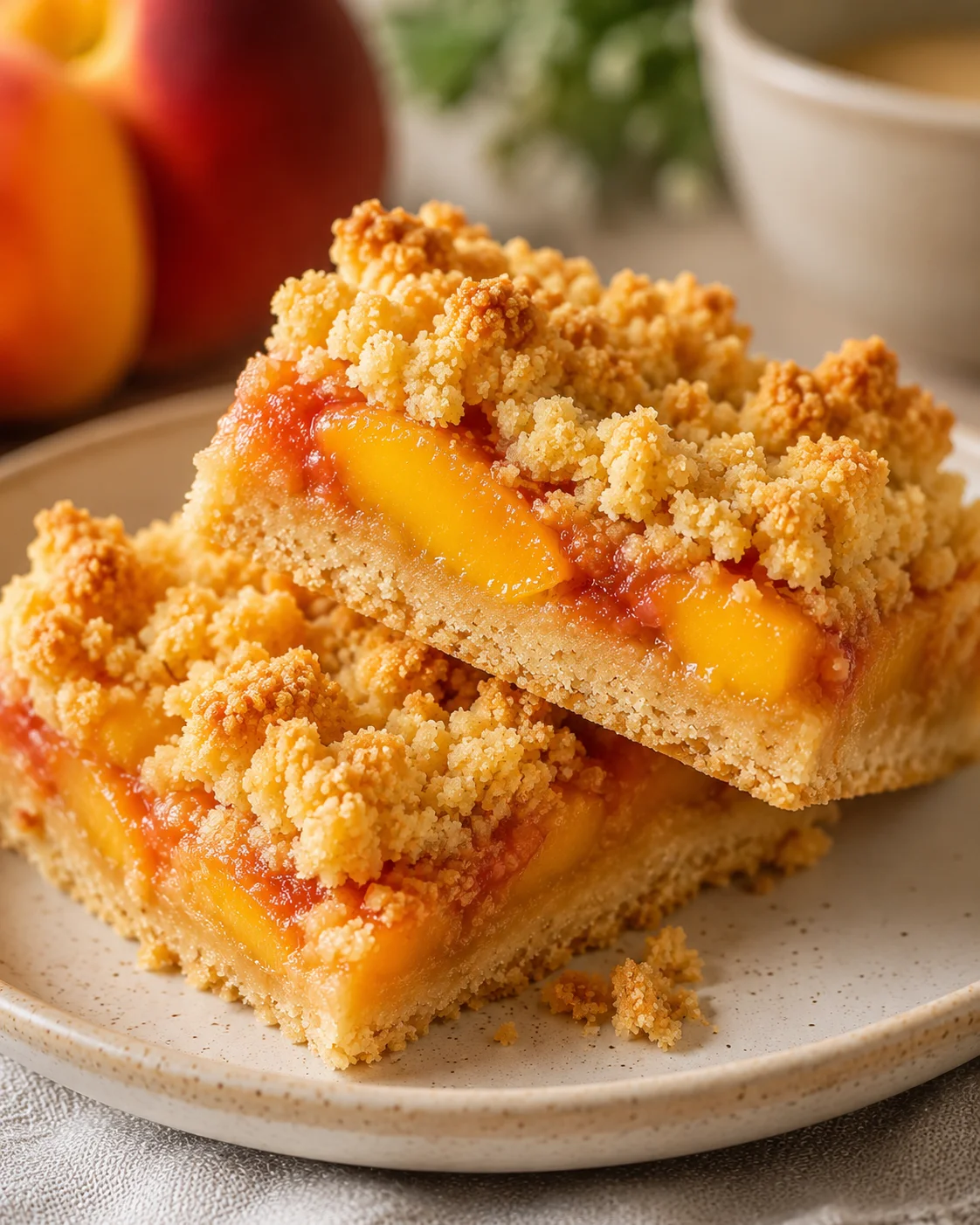 Classic Nectarine Bars Close-up of sliced nectarine bars with crumbly topping on a plate
