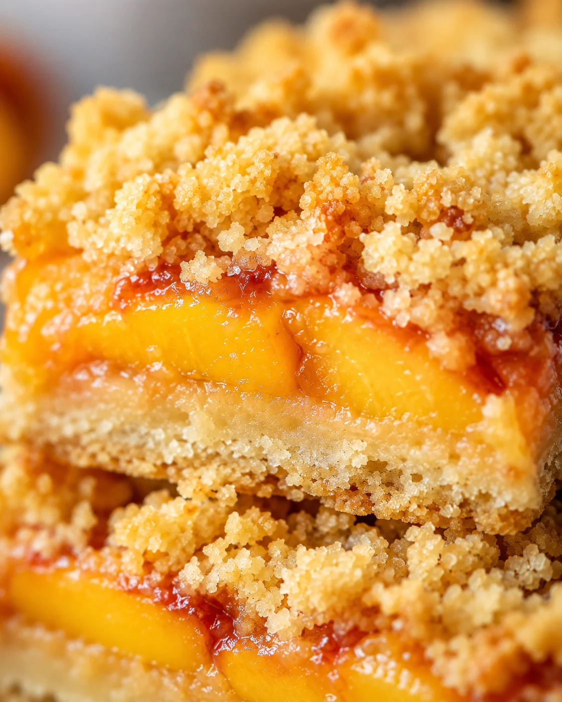 Classic Nectarine Bars Close-up of freshly baked nectarine bars with crumbly topping and juicy fruit filling