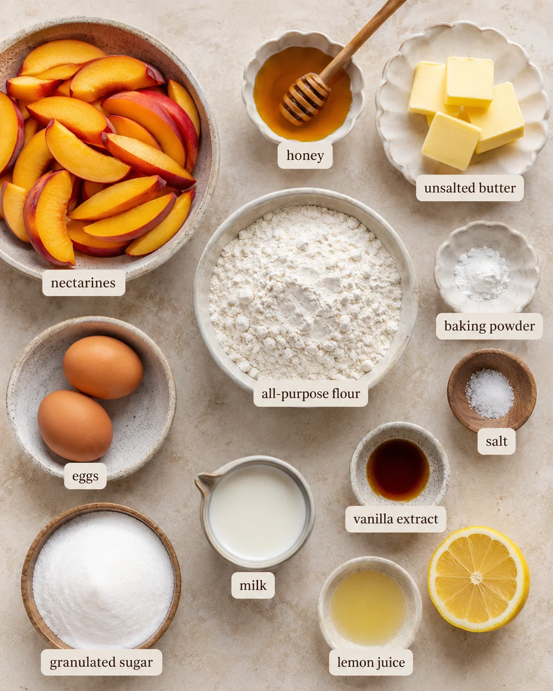 Fresh nectarines with honey, butter, and baking ingredients for dessert