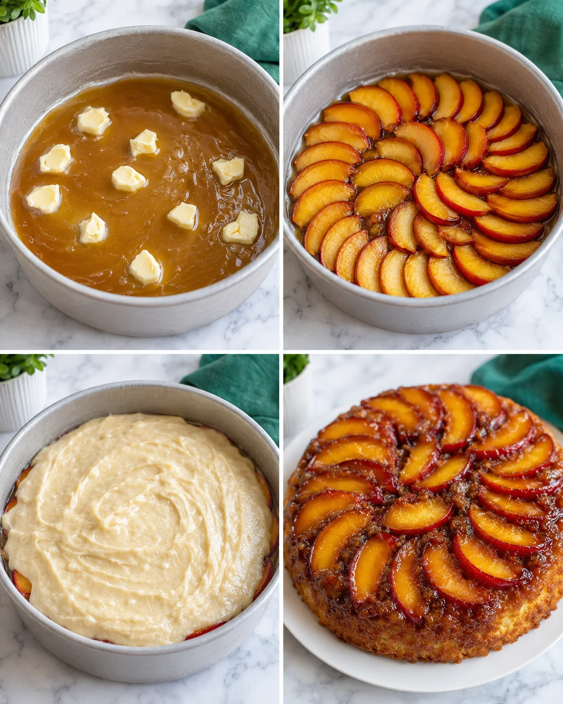 Step-by-step images of caramelizing nectarines and preparing cake layers