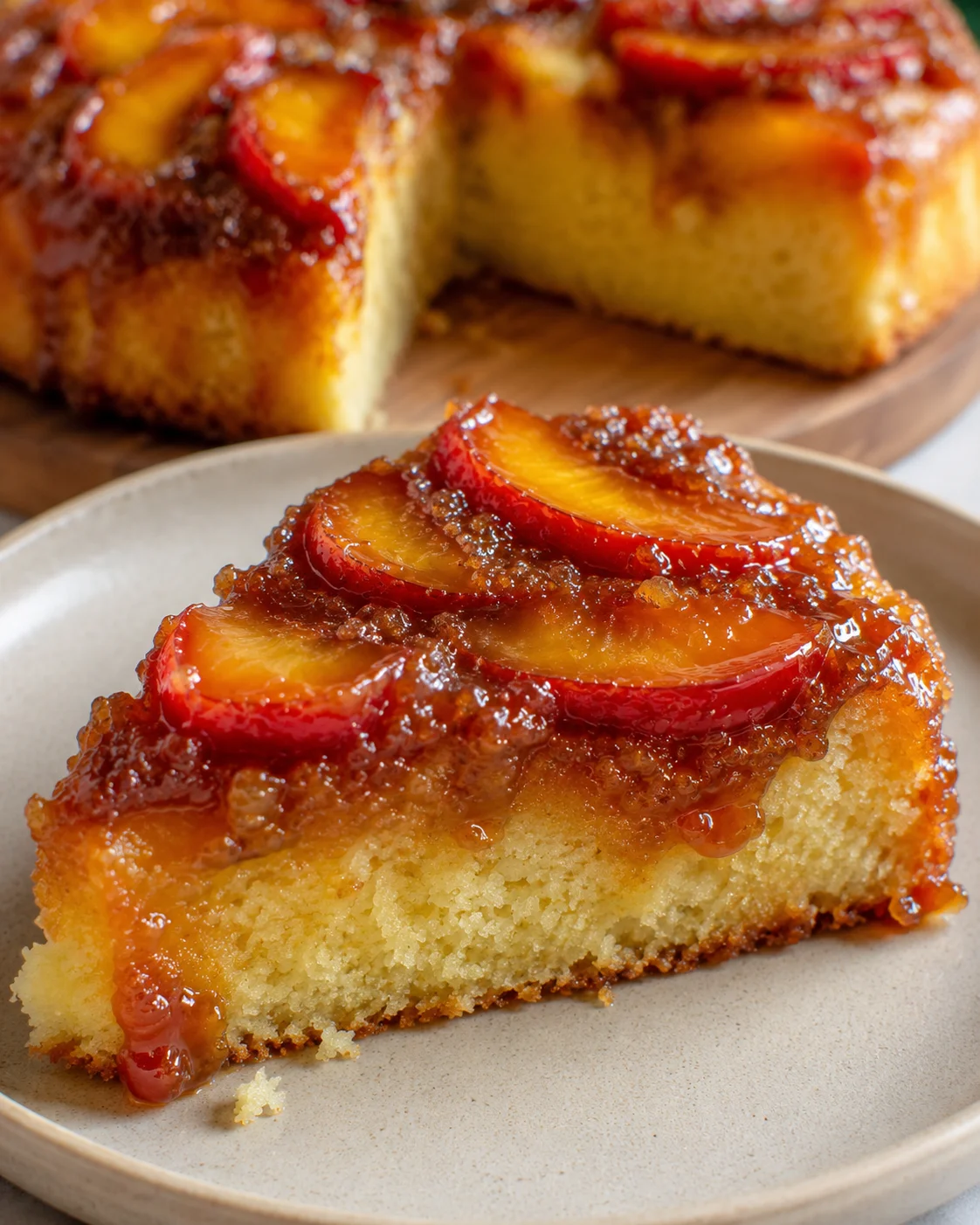 Close-up of a slice of honey nectarine upside-down cake with caramel glaze on a plate.