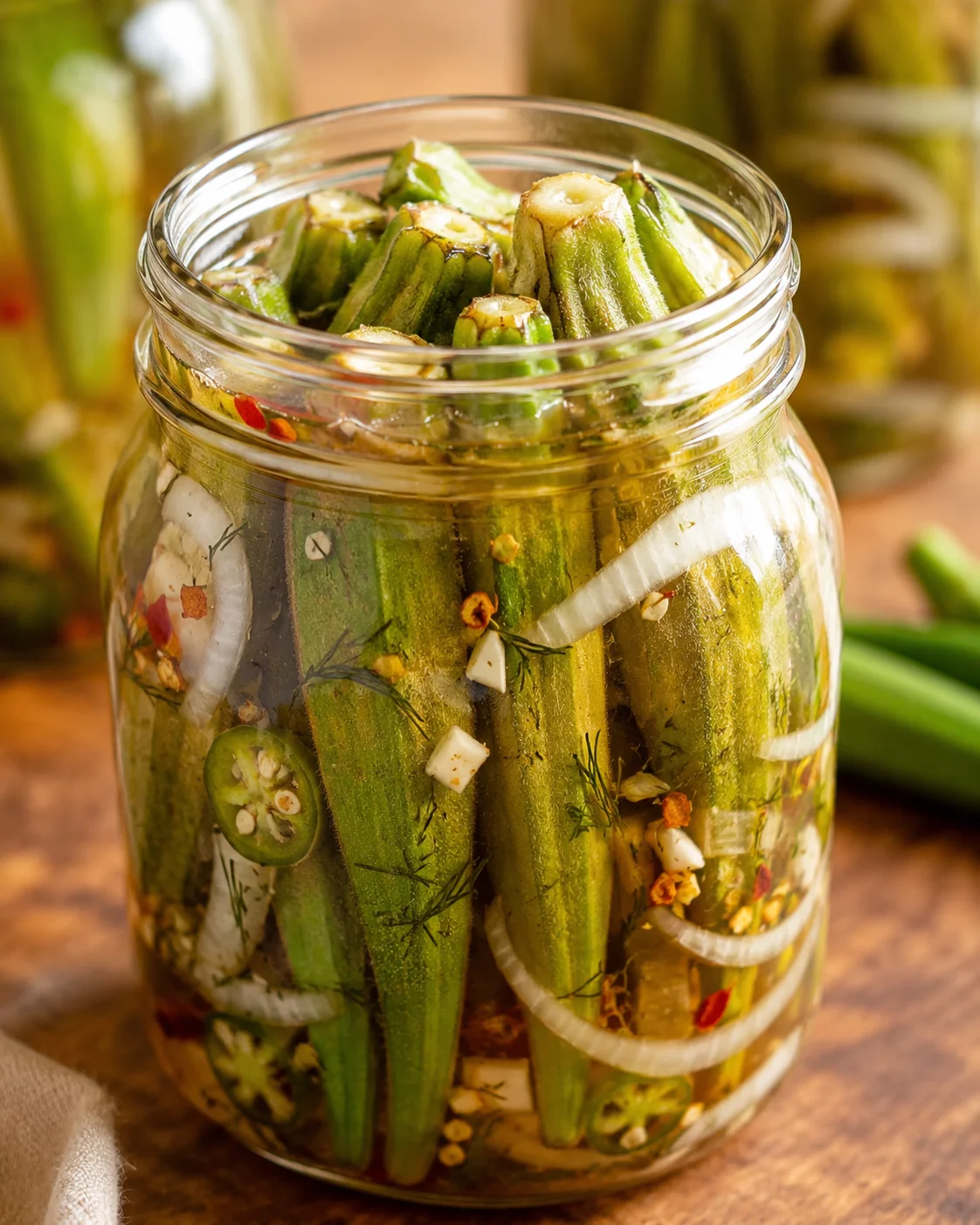 Jar of crunchy, spicy pickled okra with onions and peppers, ready for snacking.