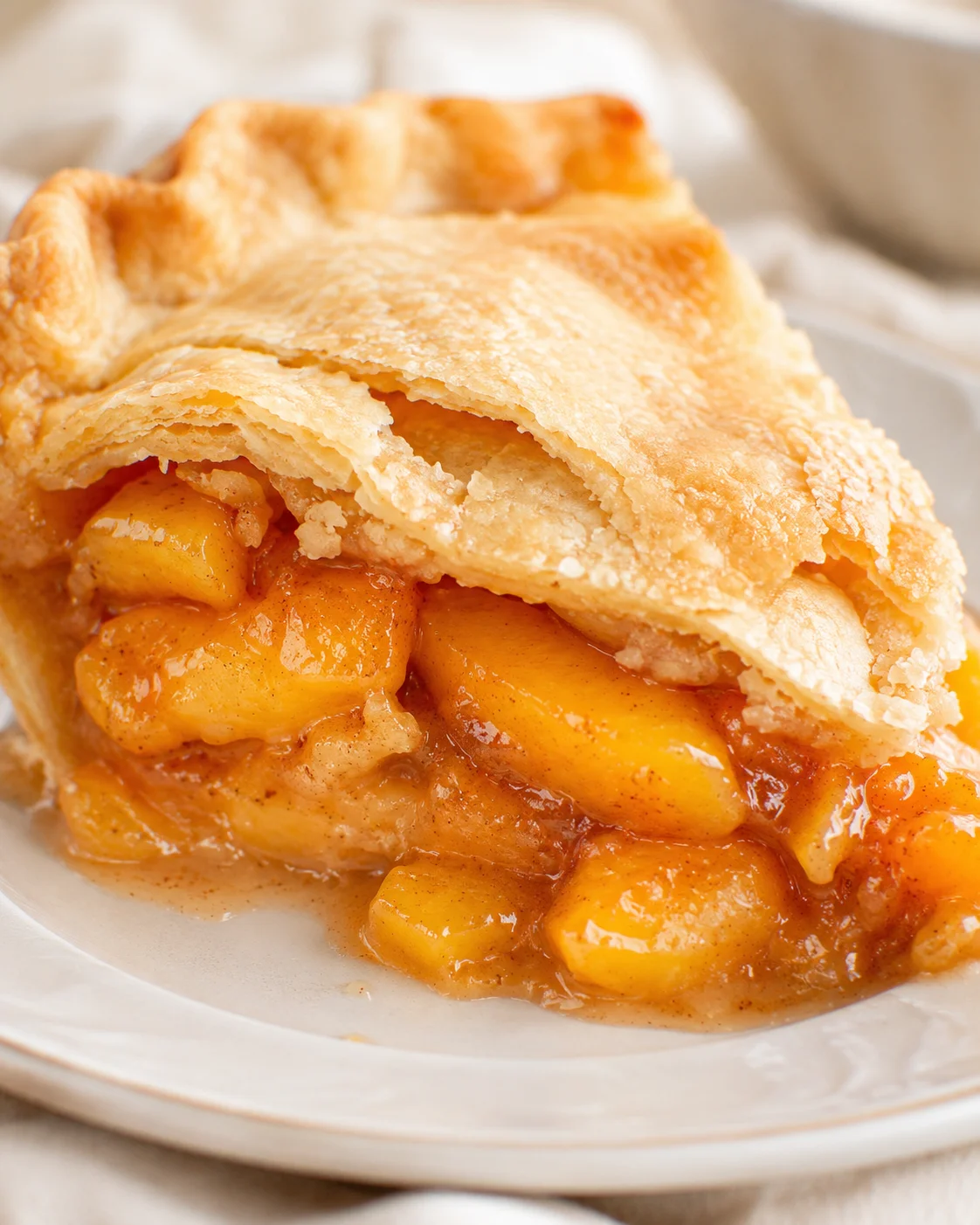 Close-up of a slice of warm peach pie with flaky crust and juicy filling