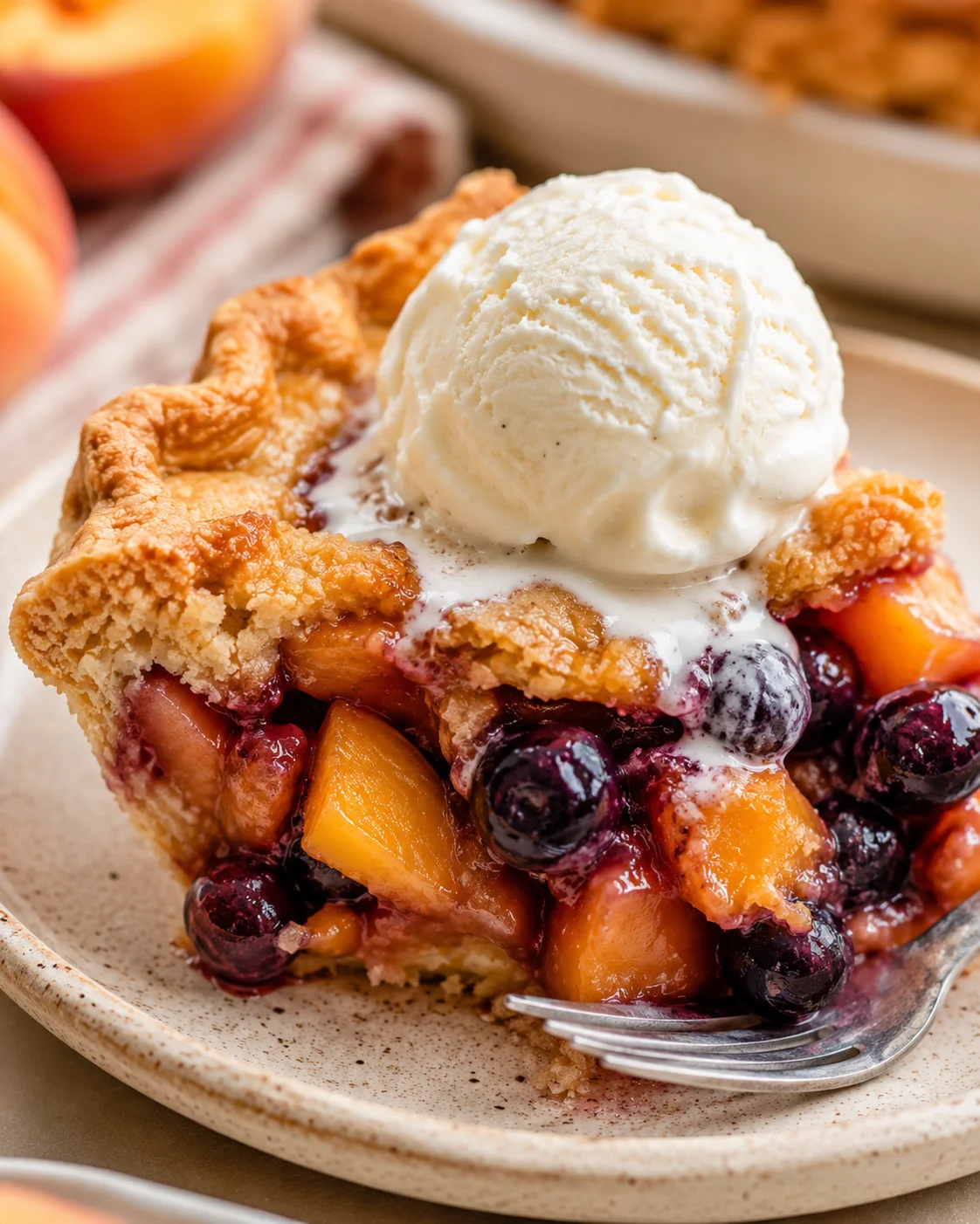 A slice of blueberry peach pie topped with vanilla ice cream on a plate.