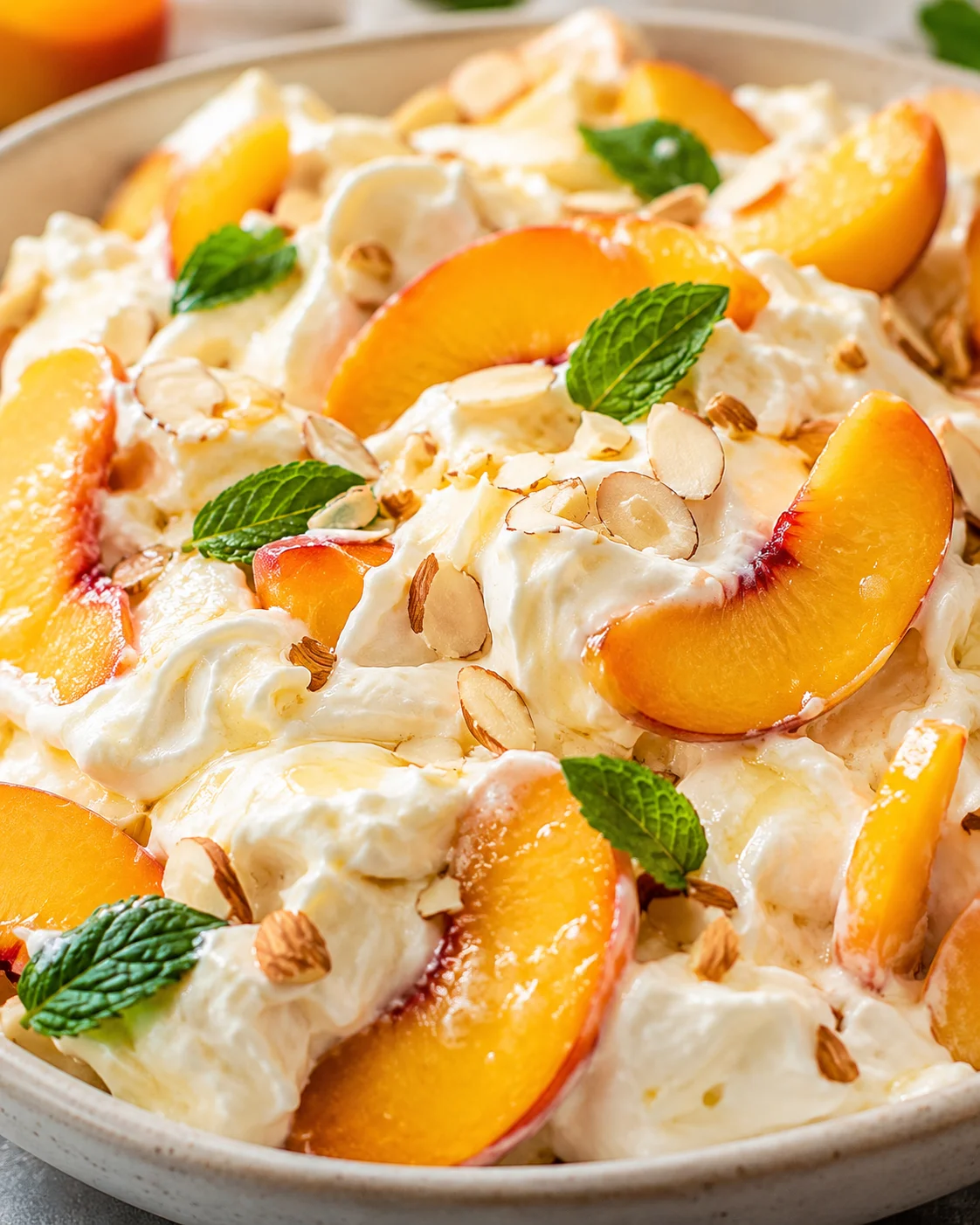 Peaches and Cream Salad Fresh peaches mixed with creamy whipped topping and garnished with mint and almonds