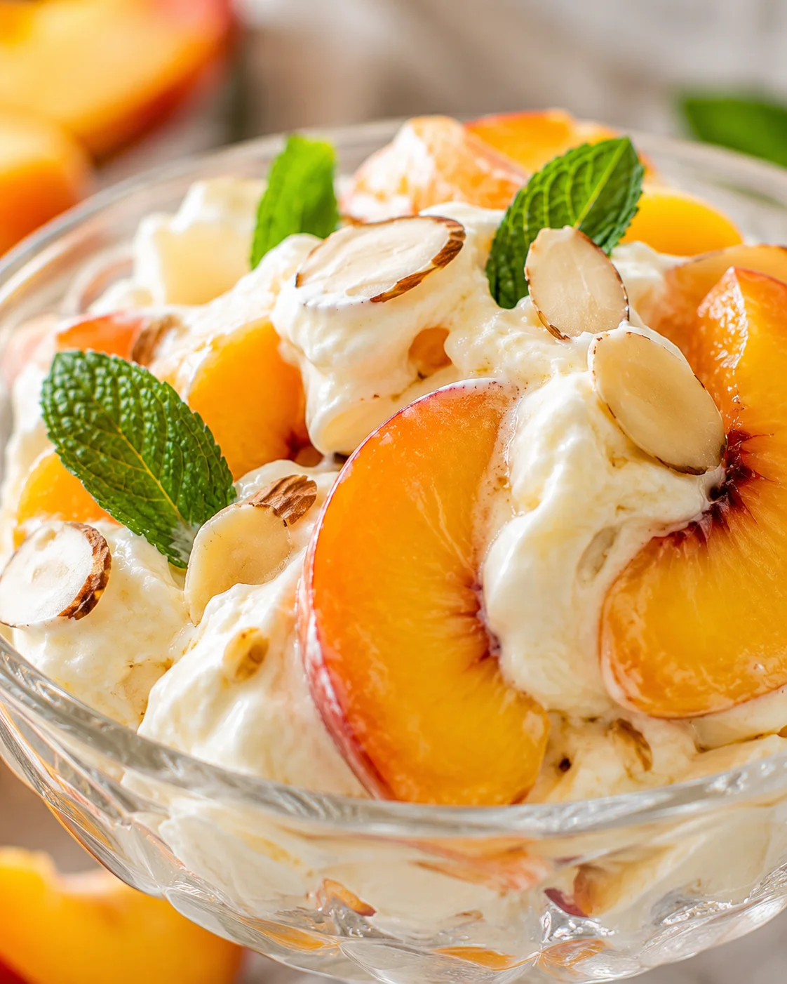 Peaches and Cream Summer Salad Close-up of a refreshing peaches and cream salad in a crystal bowl with mint and almonds