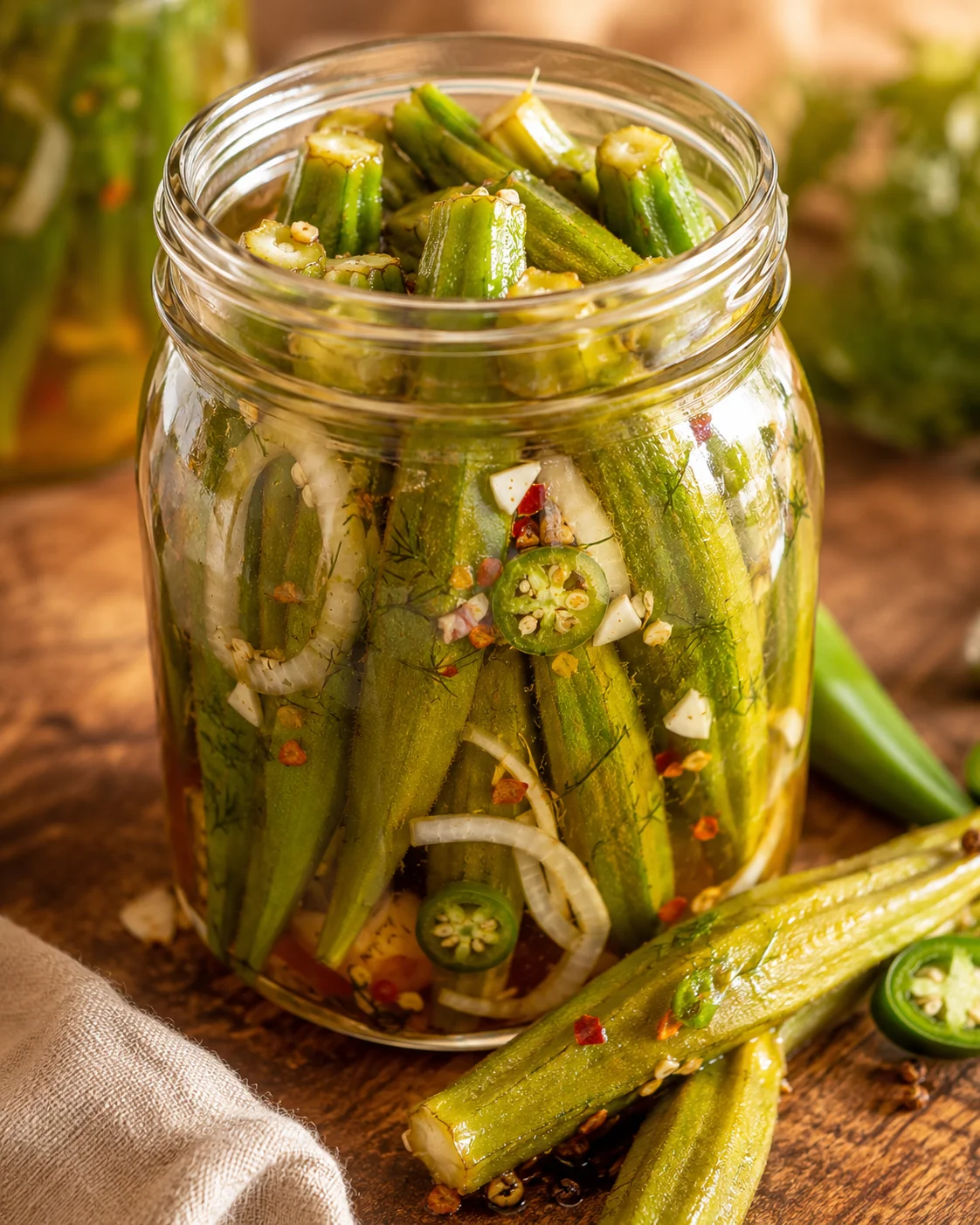 Fresh green okra pickles with sliced chili and garlic in a jar