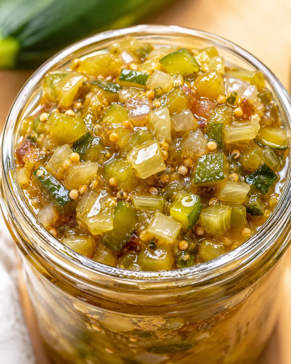 Close-up of sweet and tangy zucchini relish in a glass jar.