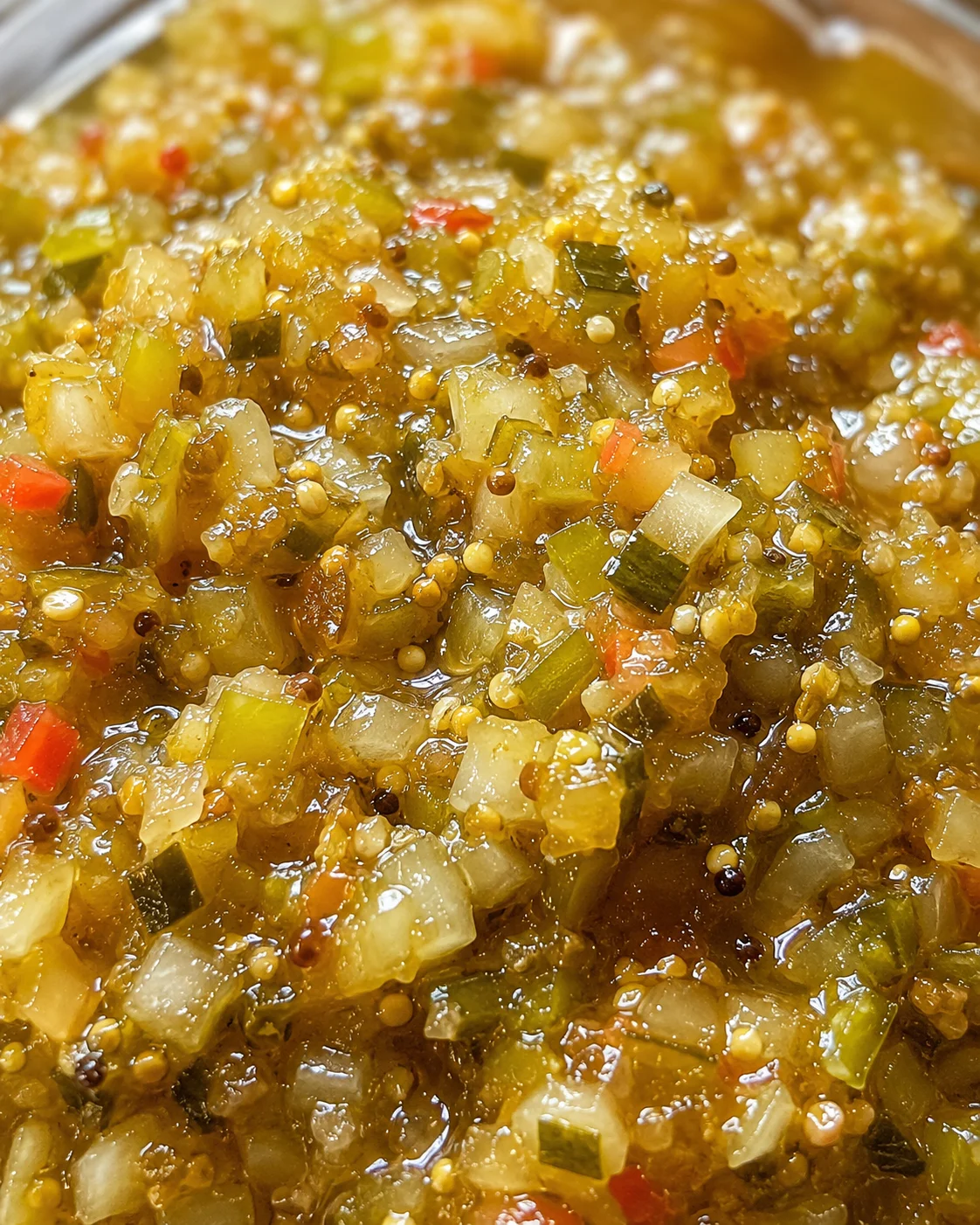 Close-up of sweet and tangy zucchini relish in a pot.