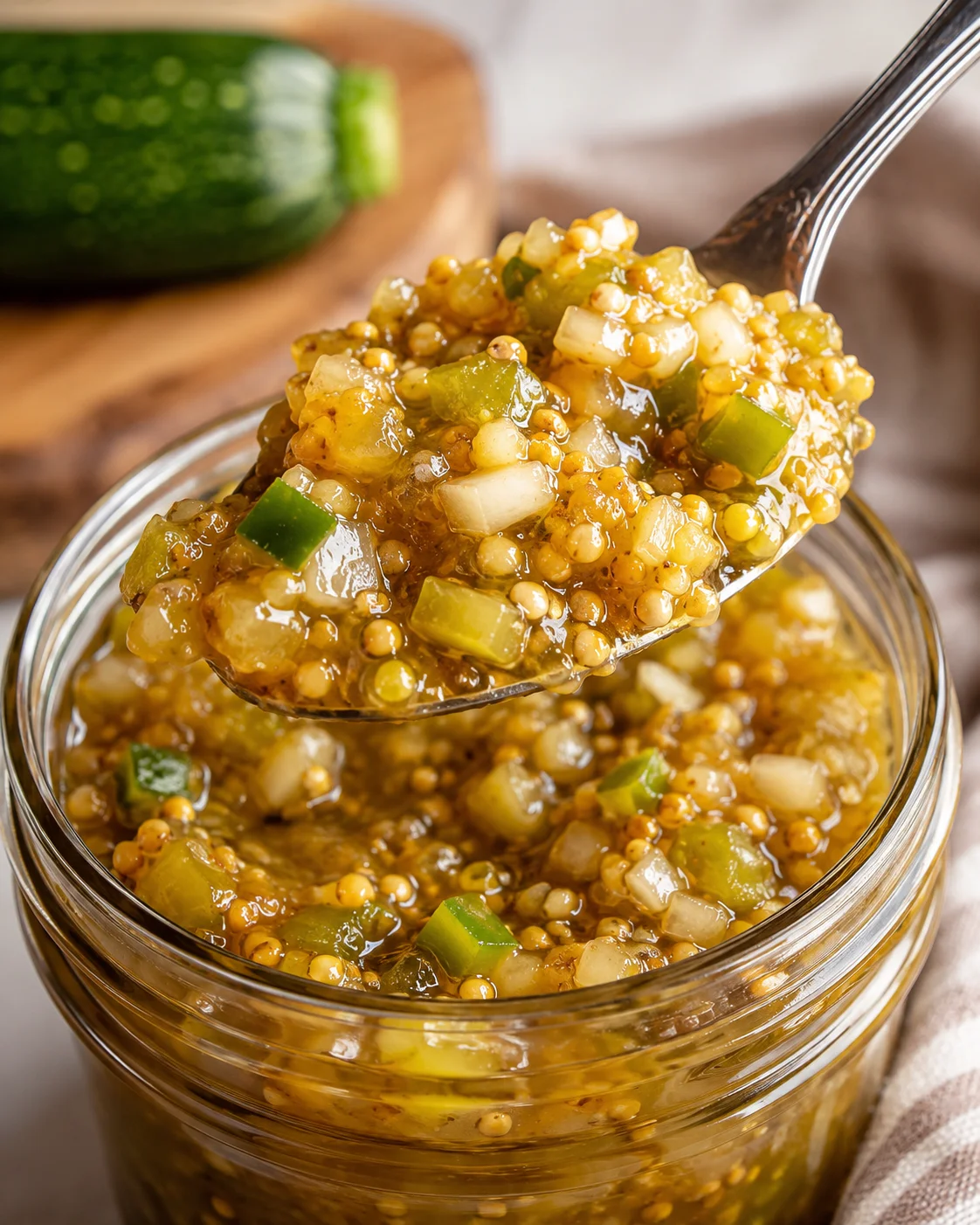 Close-up of spoonful of vibrant zucchini relish with chopped vegetables in a jar.
