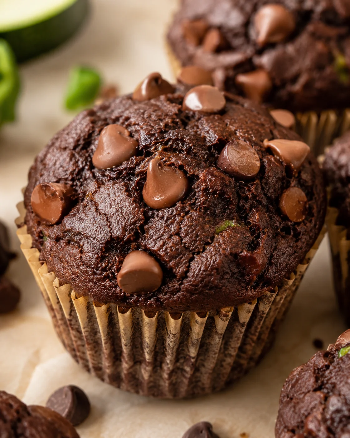 Vegan Chocolate Zucchini Muffins Moist chocolate zucchini muffins topped with chocolate chips in paper liners.