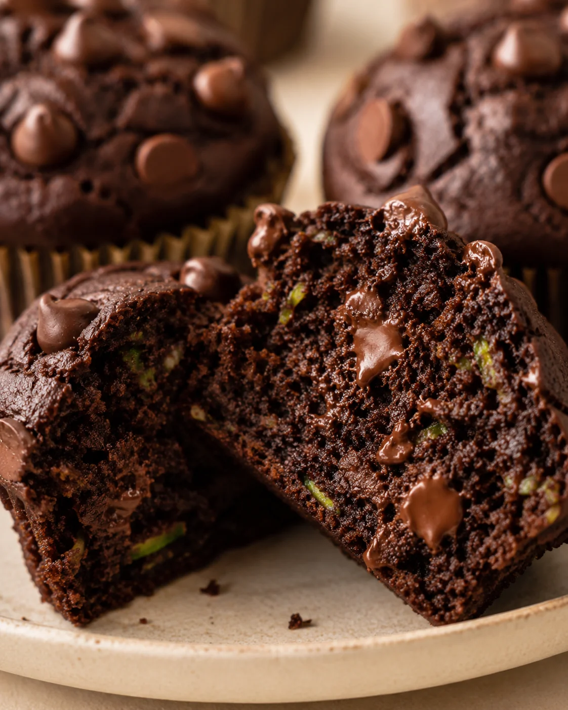 Vegan Chocolate Zucchini Muffins Close-up of moist, chocolate zucchini muffins with bakery-style domed tops