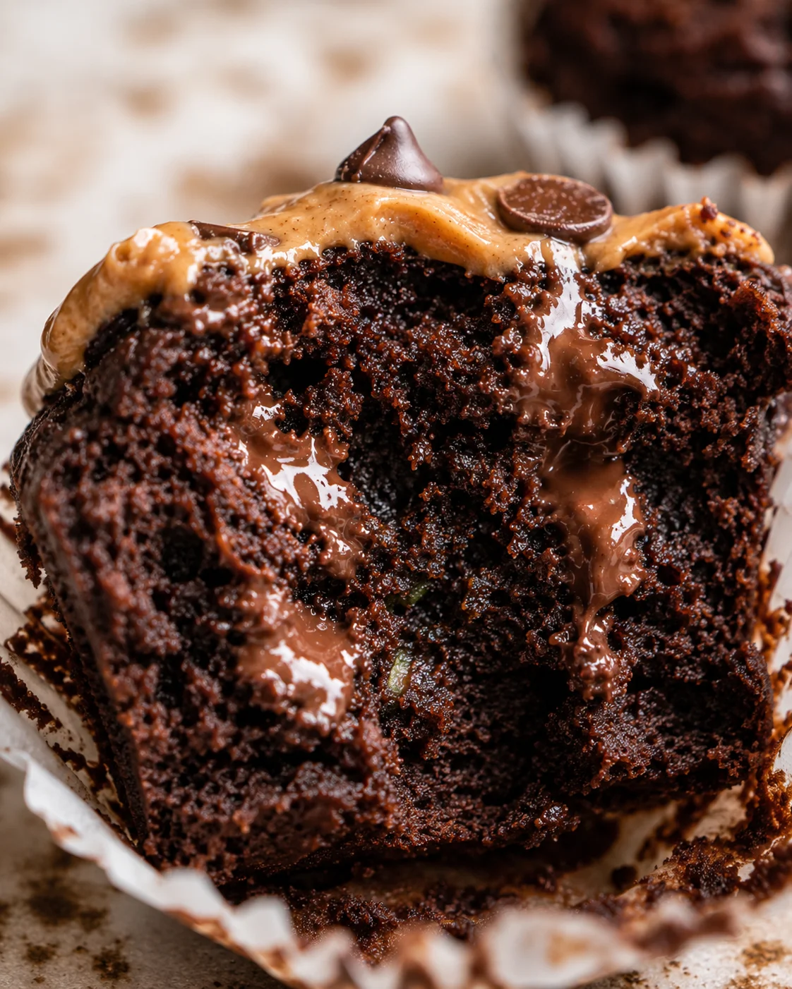 Chocolate Zucchini Muffins Moist, fluffy gluten-free chocolate zucchini muffins with chocolate chips, topped with peanut butter.