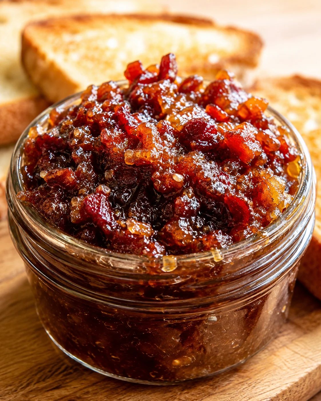 Close-up of rich, glossy maple bacon jam in a glass jar with toasted bread slices behind
