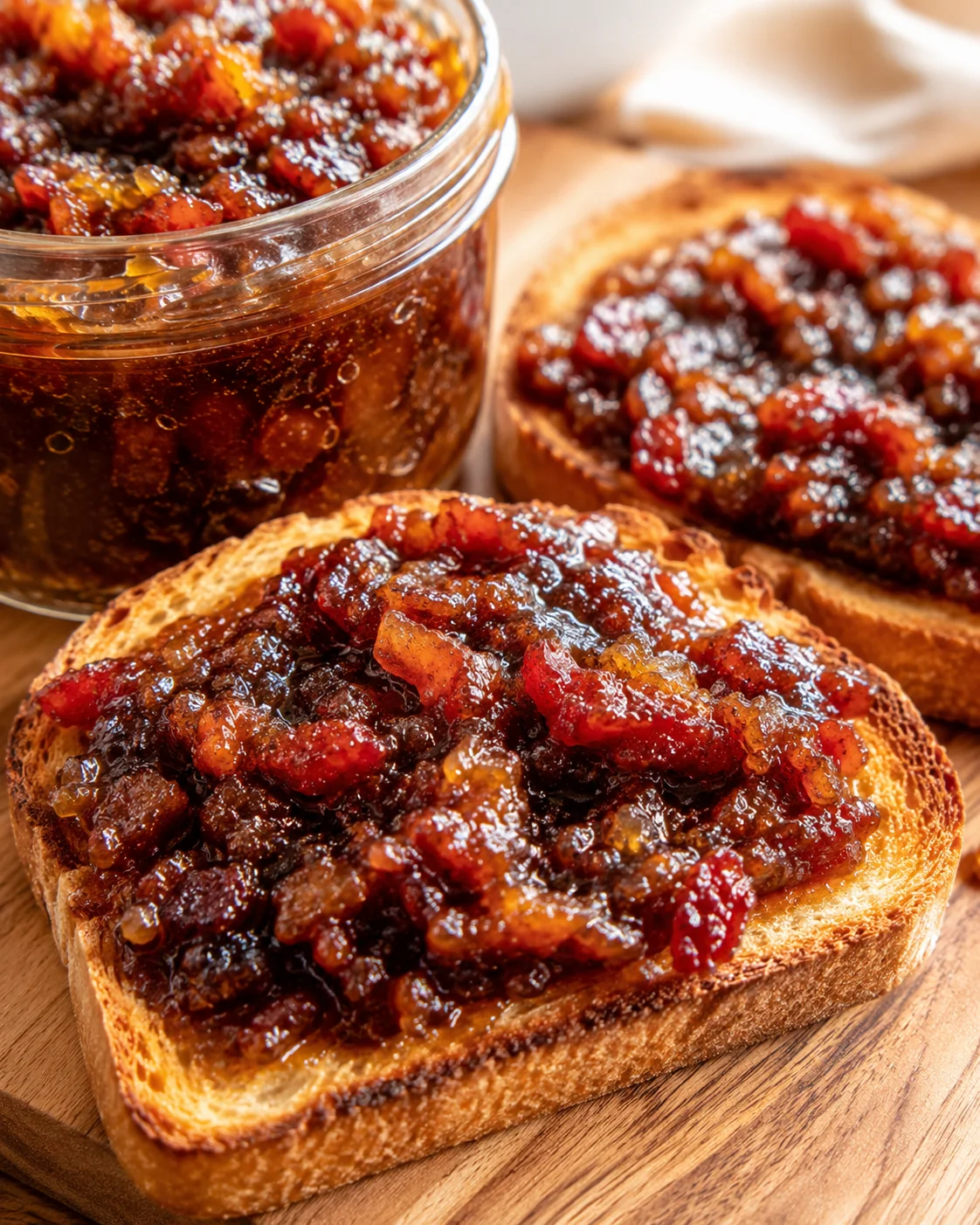 Close-up of bourbon-infused maple bacon jam spread on toasted bread slices
