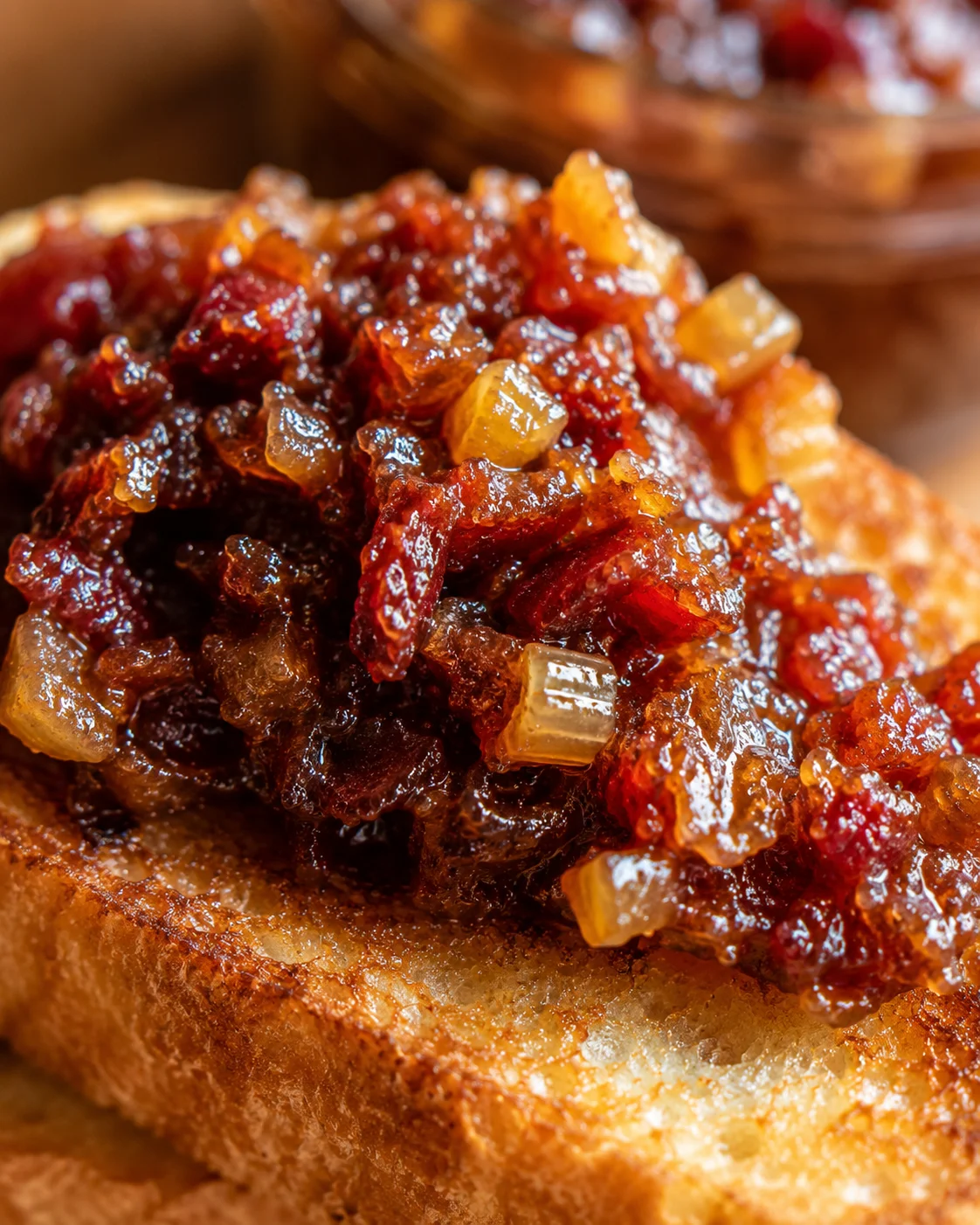 Close-up of savory bacon and sweet maple bourbon jam on bread toast