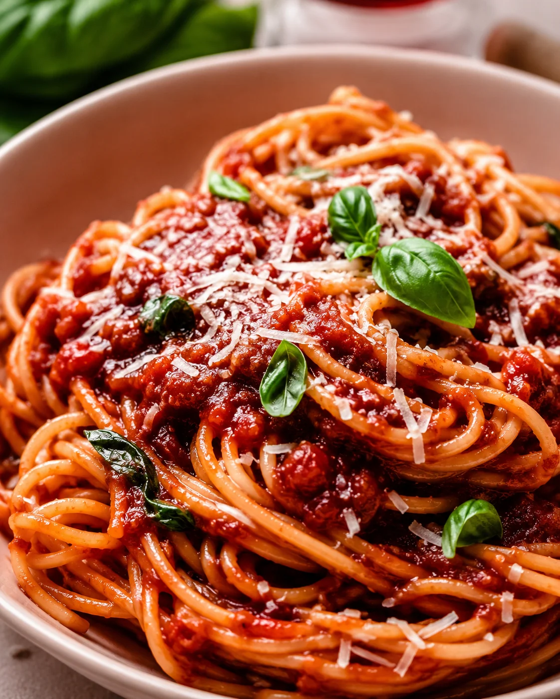 Red Wine Pasta Sauce Recipe Close-up of spaghetti with rich red wine pasta sauce garnished with basil.