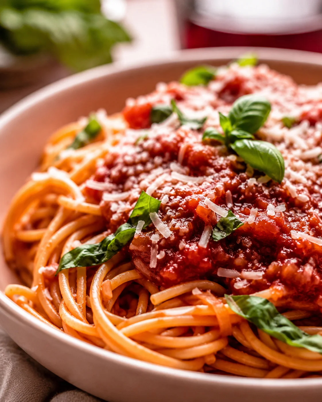 Red Wine Pasta Sauce Close-up of pasta with rich red wine sauce and fresh basil leaves