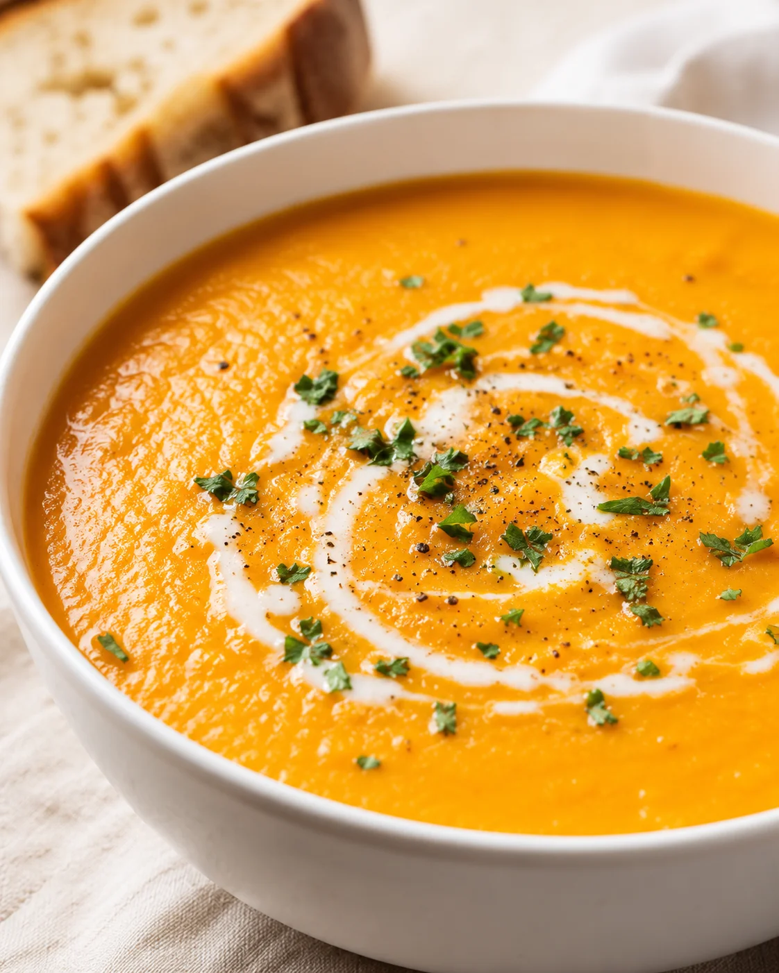 Creamy carrot ginger soup garnished with herbs and a swirl of cream in a bowl