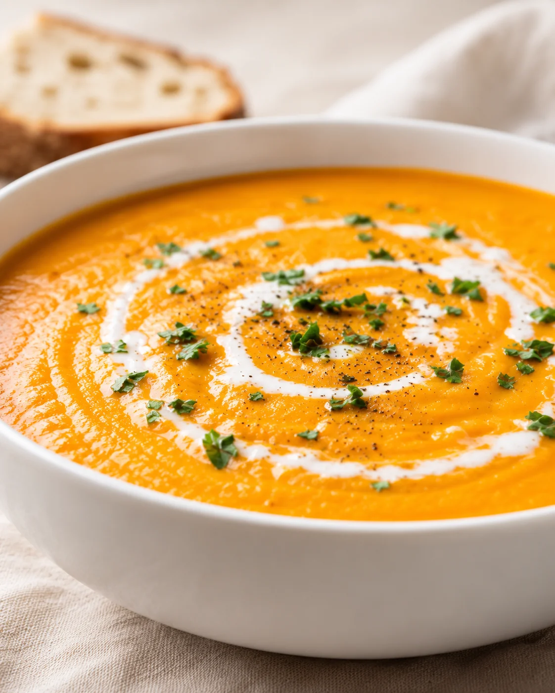 A bowl of vibrant orange carrot ginger soup garnished with herbs and cream swirl
