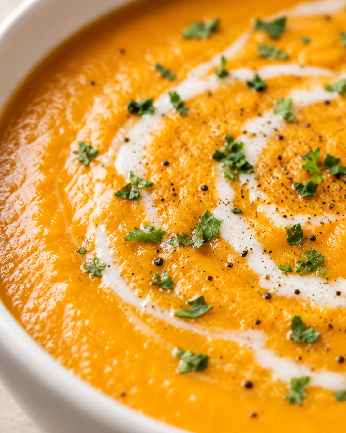 Close-up of creamy carrot ginger soup garnished with herbs and spices