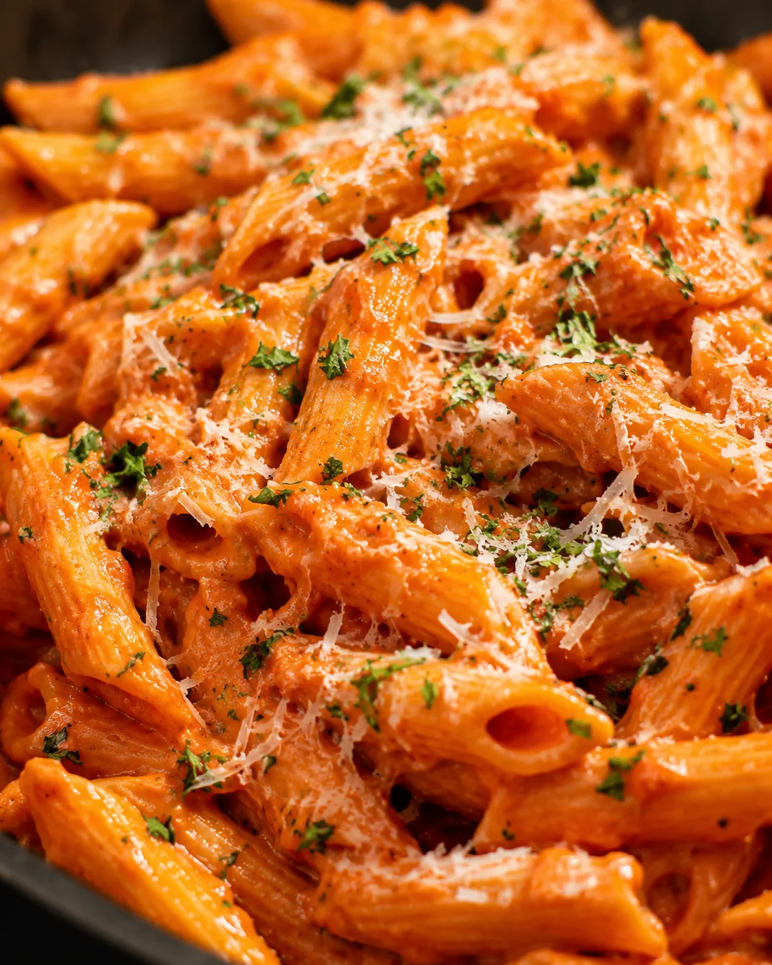Close-up of creamy red sauce pasta topped with herbs and cheese