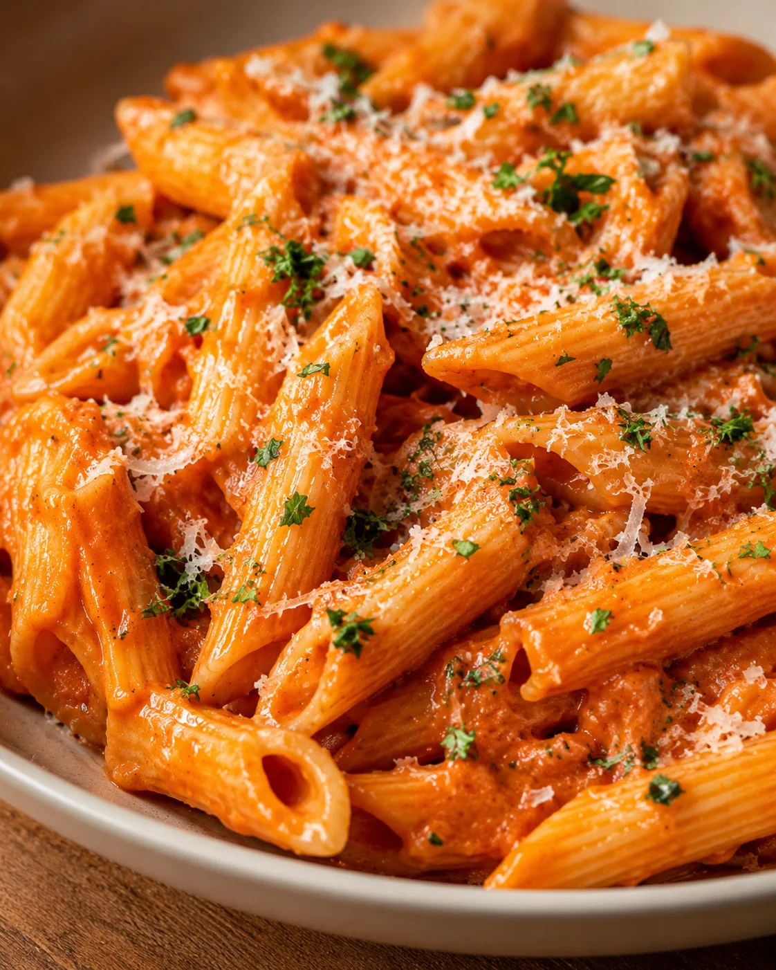 Delicious creamy red sauce pasta garnished with herbs and cheese in a bowl