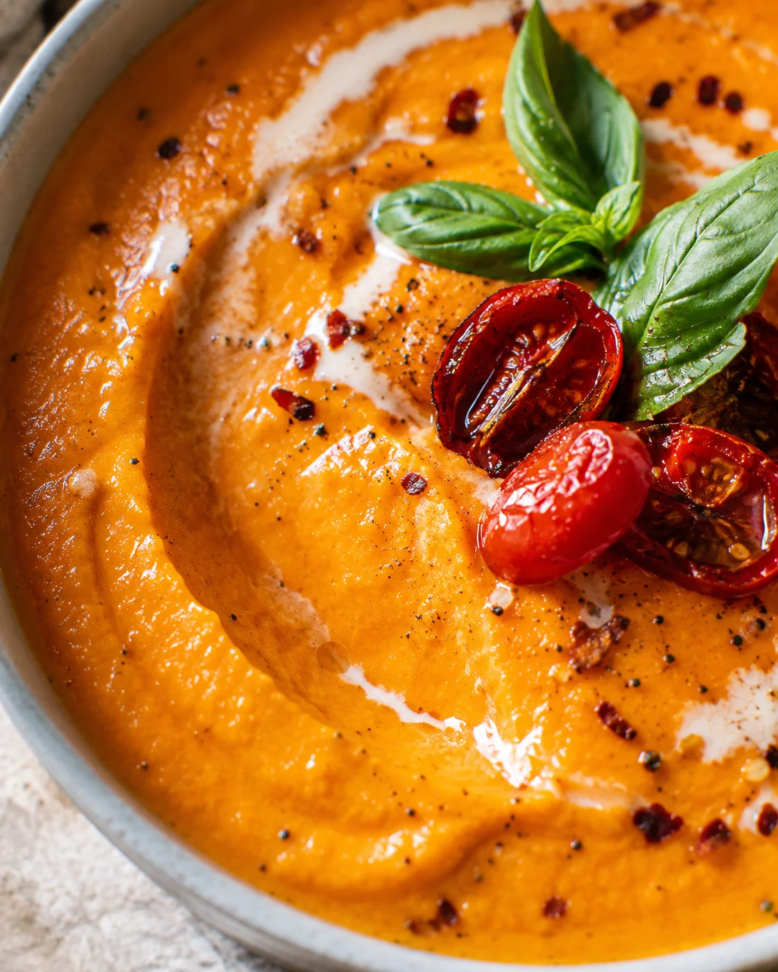 Smooth, velvety soup topped with basil leaves and sun-dried tomatoes.