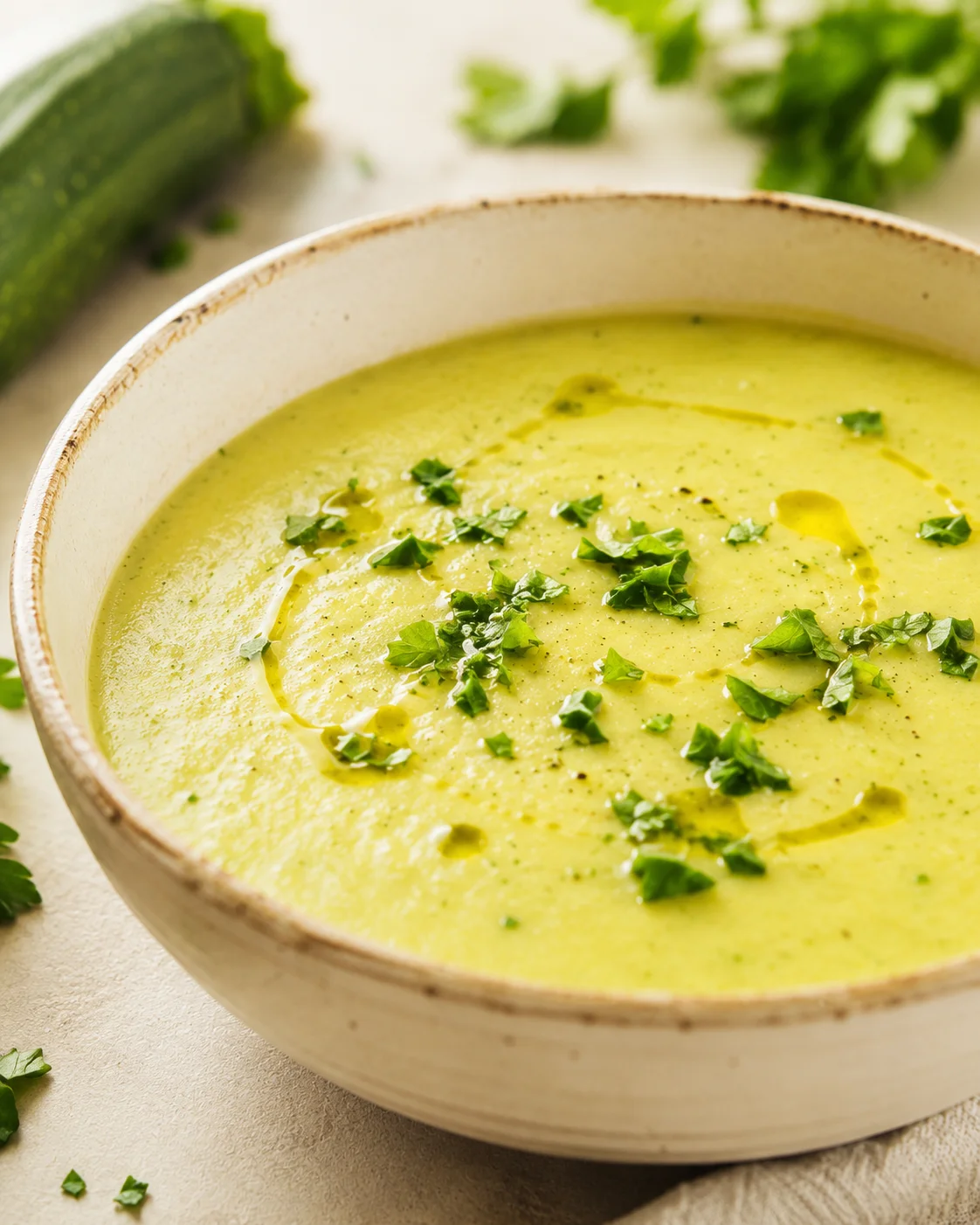 A bowl of creamy zucchini soup garnished with fresh herbs and drizzled with olive oil.