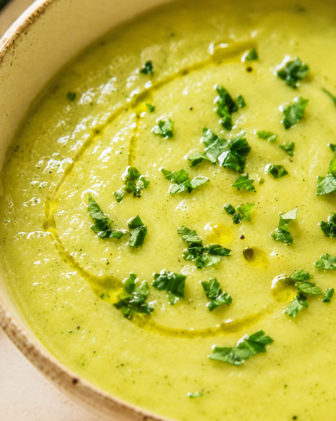 Close-up of creamy zucchini soup garnished with chopped herbs in a bowl