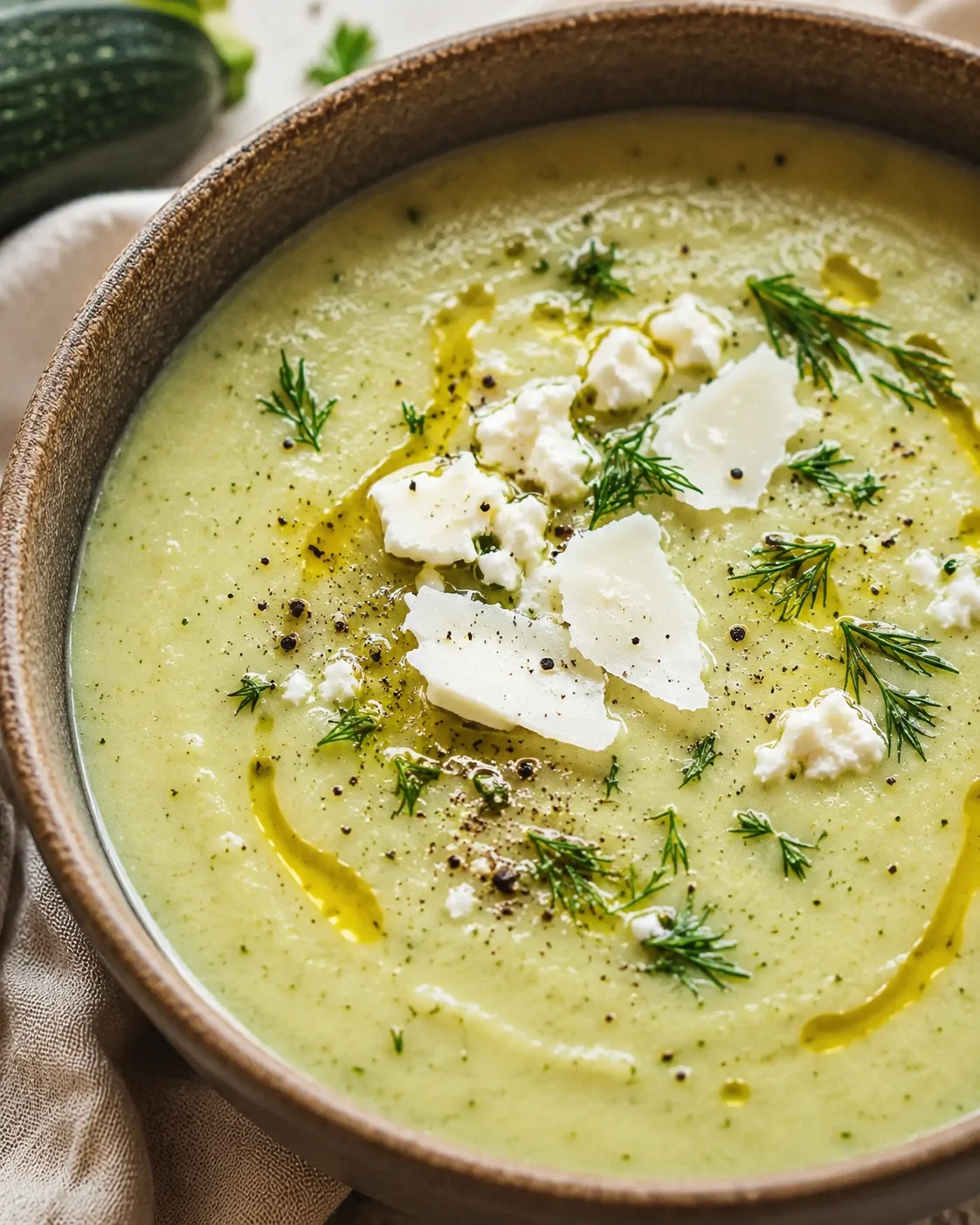 A bowl of creamy roasted zucchini soup topped with feta cheese and herbs