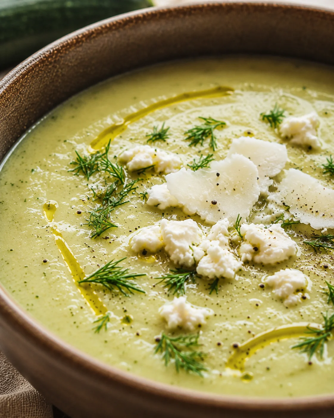 A bowl of creamy roasted zucchini soup topped with feta cheese and fresh herbs.