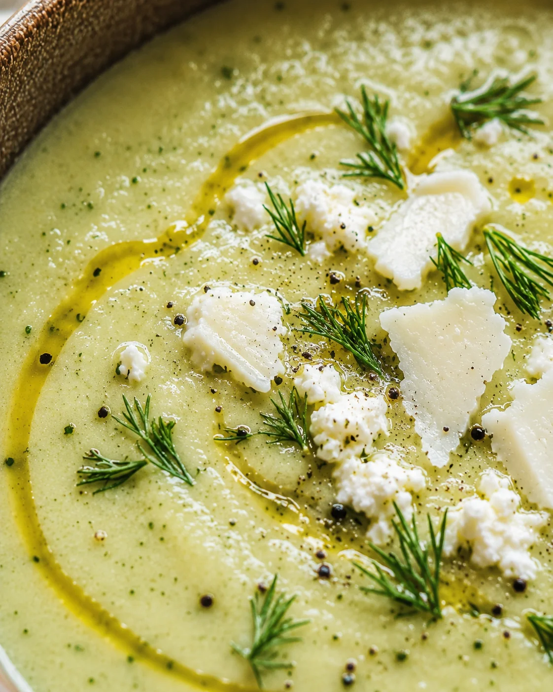 Close-up of creamy roasted zucchini soup topped with cheese and herbs