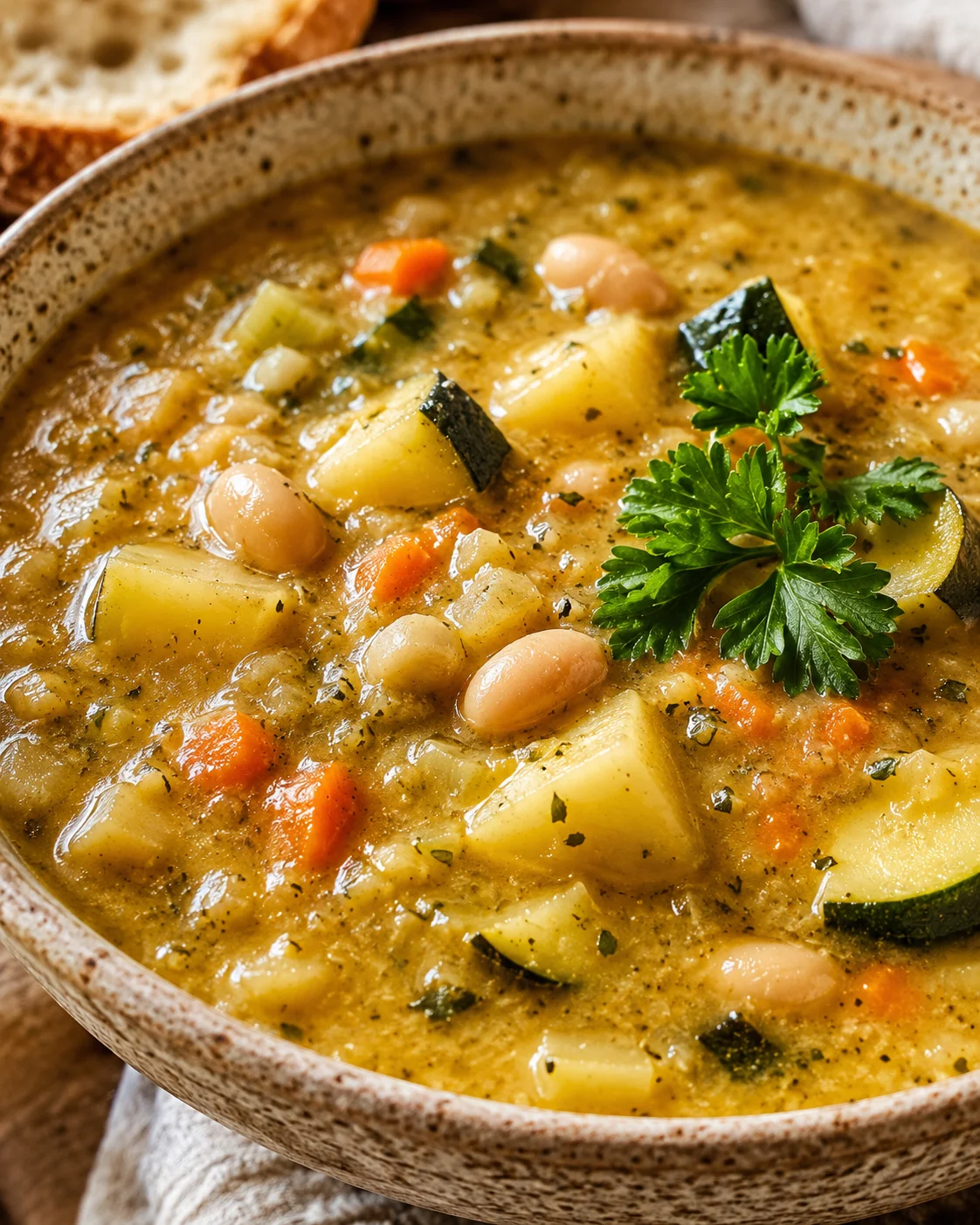 A bowl of creamy zucchini and potato soup garnished with fresh herbs and vegetables.