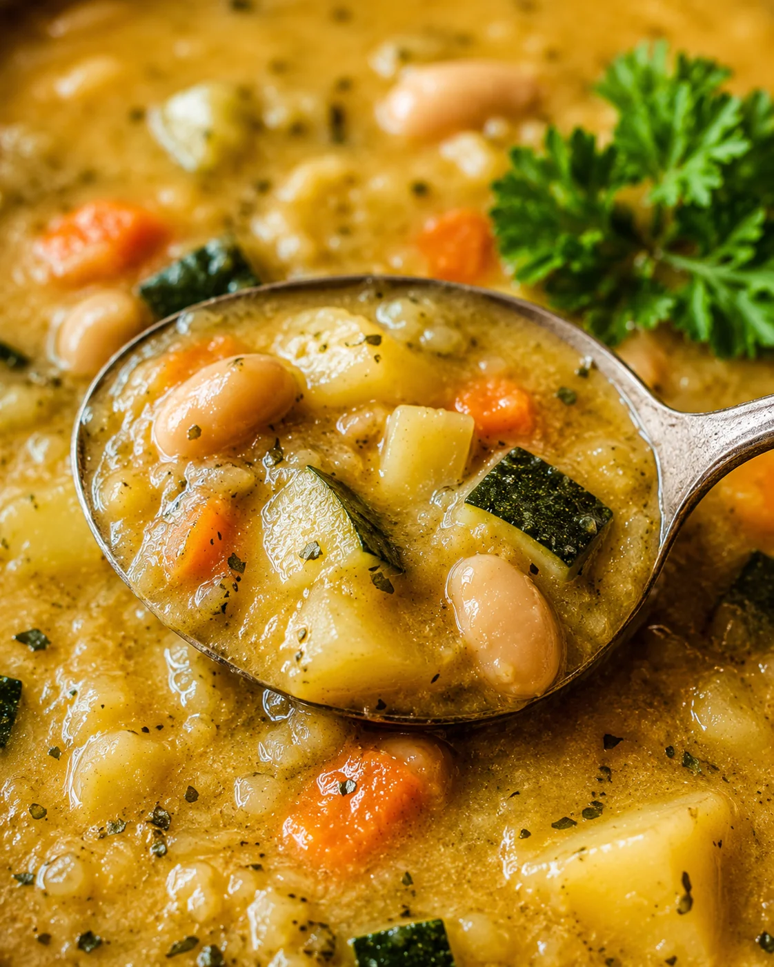 A bowl of hearty zucchini and potato soup with fresh parsley garnish.