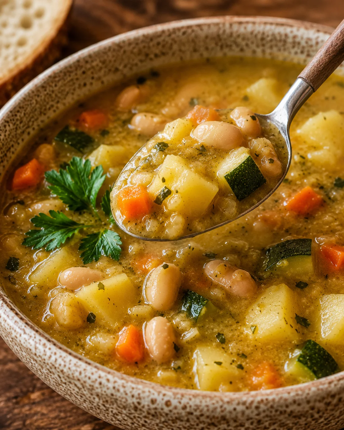 A bowl of hearty zucchini and potato soup garnished with fresh herbs.